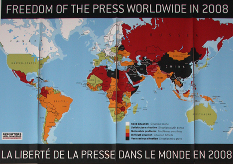 La libert de la presse dans le monde en 2008, carte dfinissant les diffrents degrs de situation 